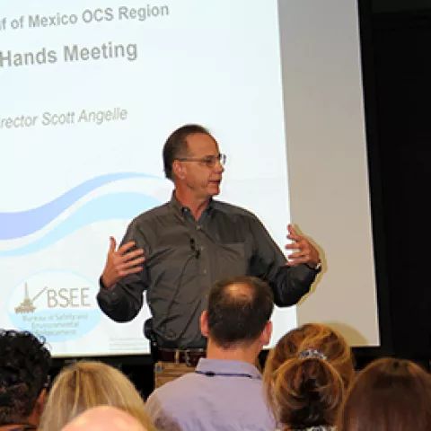 BSEE Director Scott Angelle discusses BSEE’s role in offshore oil and gas production with staff Monday, March 11, 2019.