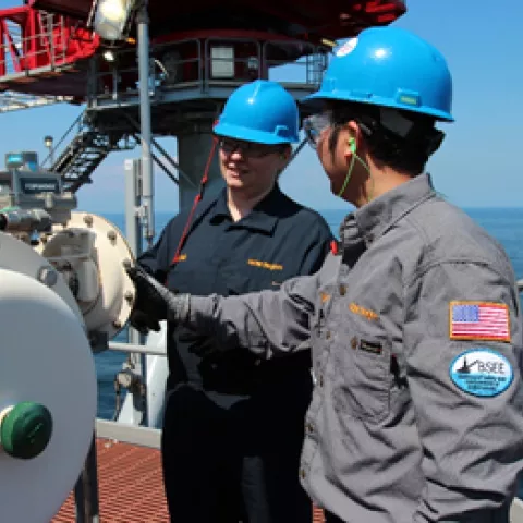 Bureau of Safety and Environmental Enforcement Engineers inspect Shell’s newly installed Appomattox platform in July 2018. Production on the platform began in May 2019.  Bureau of Safety and Environmental Enforcement Engineers inspect Shell’s newly installed Appomattox platform in July 2018. Production on the platform began in May 2019.