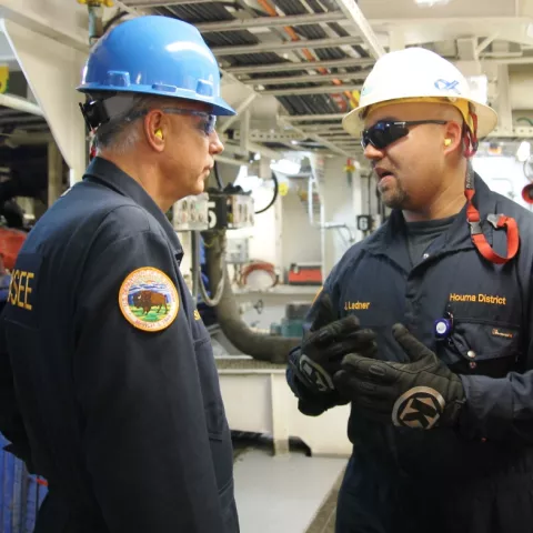 BSEE Inspector explains the inspection process for the shakers on board the Diamond  Offshore Ocean BlackLion drillship. Shakers separate drilling fluids from solids.