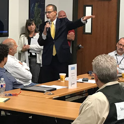 Bureau of Safety and Environmental Enforcement Director Scott Angelle addresses participants of an emergency response exercise Aug. 7, 2018 in Houston, Texas.