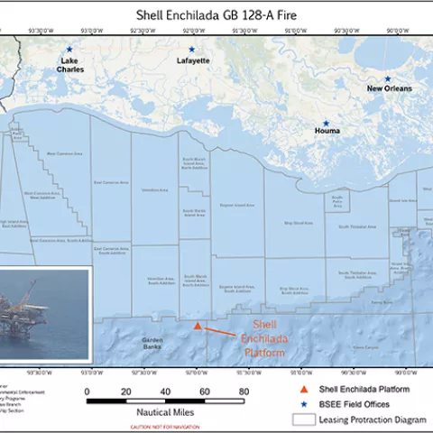 Map of location for fire at Shell Enchilada platform was on fire approximately 112 nautical miles south of Vermilion Bay, Louisiana.