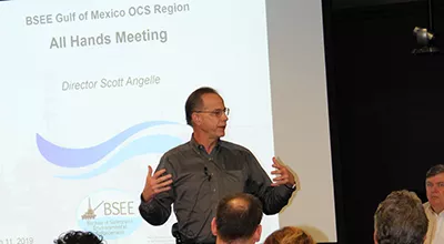 BSEE Director Scott Angelle discusses BSEE’s role in offshore oil and gas production with staff Monday, March 11, 2019.