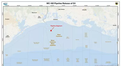 Bureau of Safety and Environmental Enforcement (BSEE) and the U.S. Coast Guard are responding to a release of gas and condensate from a pipeline at West Cameron 165 in the Gulf of Mexico, approximately 32 miles southwest of Cameron, Louisiana.