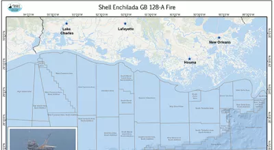 Map of location for fire at Shell Enchilada platform was on fire approximately 112 nautical miles south of Vermilion Bay, Louisiana.